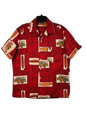 Vintage Roundy Bays Hawaiian Shirt Mens Size M Woody Surfing Red Beach Polyester